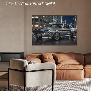 Digitalt paket med amerikansk Fastback från 1967 (4 tryck), väggkonstset med klassiska muskelbilar, nedladdning av bilaffischer för metalltryck