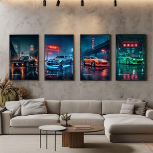 May include: Four framed vertical wall art prints featuring sports cars in a rainy urban setting. The prints display a black Dodge Charger, a blue Nissan Skyline, an orange Toyota Supra, and a green Mitsubishi Eclipse, each with neon lighting.