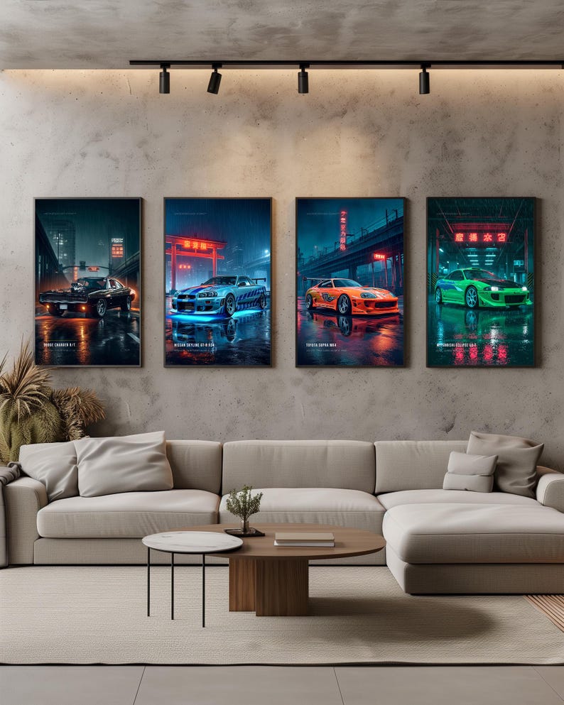 May include: Four framed vertical wall art prints featuring sports cars in a rainy urban setting. The prints display a black Dodge Charger, a blue Nissan Skyline, an orange Toyota Supra, and a green Mitsubishi Eclipse, each with neon lighting.
