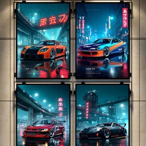 May include: Four vertical posters displayed on a wall, each featuring a different sports car in a neon-lit urban setting at night. The cars depicted are an orange RX-7, a blue and orange Silvia S15, a red EVO IX, and a black 350Z, all with Japanese text.