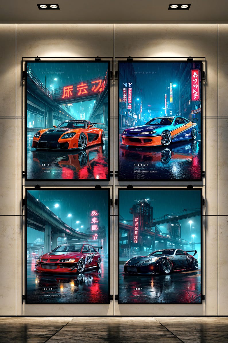 May include: Four vertical posters displayed on a wall, each featuring a different sports car in a neon-lit urban setting at night. The cars depicted are an orange RX-7, a blue and orange Silvia S15, a red EVO IX, and a black 350Z, all with Japanese text.