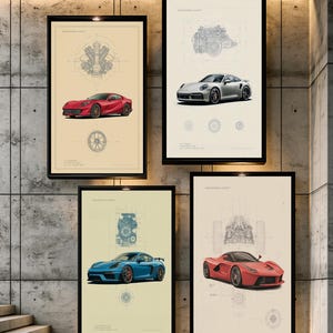 Puede incluir: Cuatro l&aacute;minas rectangulares de pared con planos de ingenier&iacute;a automotriz. Cada impresi&oacute;n muestra un diagrama t&eacute;cnico detallado del motor sobre una ilustraci&oacute;n realista de un coche deportivo en rojo, plata o azul, con esquemas t&eacute;cnicos.