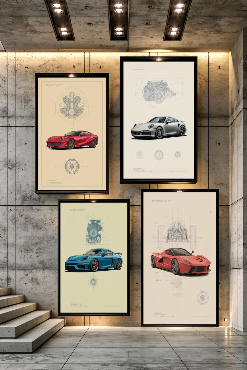 Puede incluir: Cuatro l&aacute;minas rectangulares de pared con planos de ingenier&iacute;a automotriz. Cada impresi&oacute;n muestra un diagrama t&eacute;cnico detallado del motor sobre una ilustraci&oacute;n realista de un coche deportivo en rojo, plata o azul, con esquemas t&eacute;cnicos.