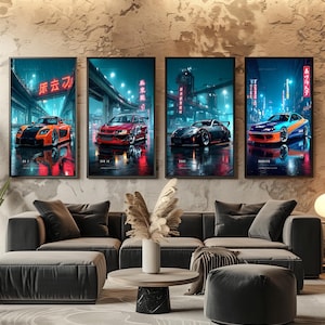 May include: Four vertical framed wall art prints featuring sports cars in a neon-lit city street at night. The prints display an orange RX-7, a red EVO IX, a black 350Z, and a blue and orange Silvia S15, all with Japanese text and reflections.
