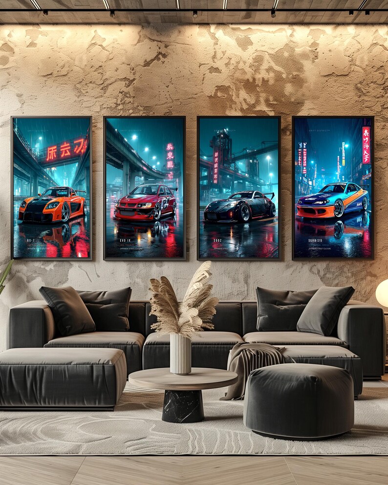 May include: Four vertical framed wall art prints featuring sports cars in a neon-lit city street at night. The prints display an orange RX-7, a red EVO IX, a black 350Z, and a blue and orange Silvia S15, all with Japanese text and reflections.