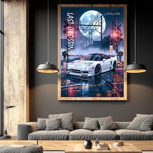 May include: A framed wall art print titled LAST CROSSING featuring a white sports car parked at a railway crossing under a full moon. The scene includes power lines, red signal lights, and wet pavement with fallen leaves in a dark, moody setting.