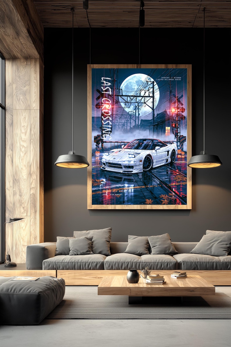 May include: A framed wall art print titled LAST CROSSING featuring a white sports car parked at a railway crossing under a full moon. The scene includes power lines, red signal lights, and wet pavement with fallen leaves in a dark, moody setting.