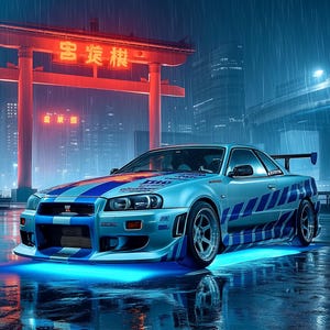 May include: A silver Nissan Skyline GT-R R34 with blue racing stripes parked on a wet surface under rain. The car features underglow lighting, a rear spoiler, and various decals. In the background, a large red torii gate glows with neon text.