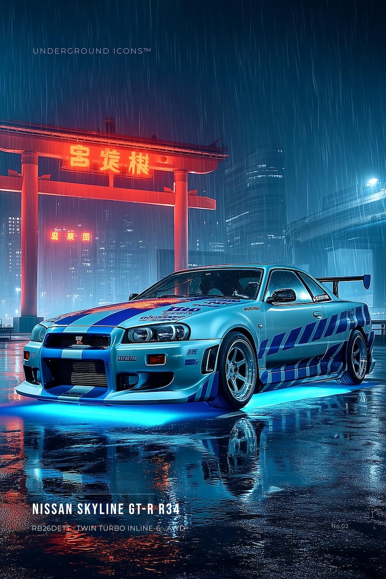 May include: A silver Nissan Skyline GT-R R34 with blue racing stripes parked on a wet surface under rain. The car features underglow lighting, a rear spoiler, and various decals. In the background, a large red torii gate glows with neon text.