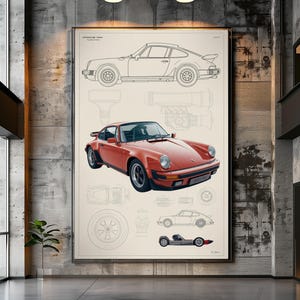 May include: A large rectangular wall art print featuring a technical blueprint of a Porsche 930. The design includes a detailed red car illustration, line drawings of the vehicle profile, engine components, and wheels on a light cream background.