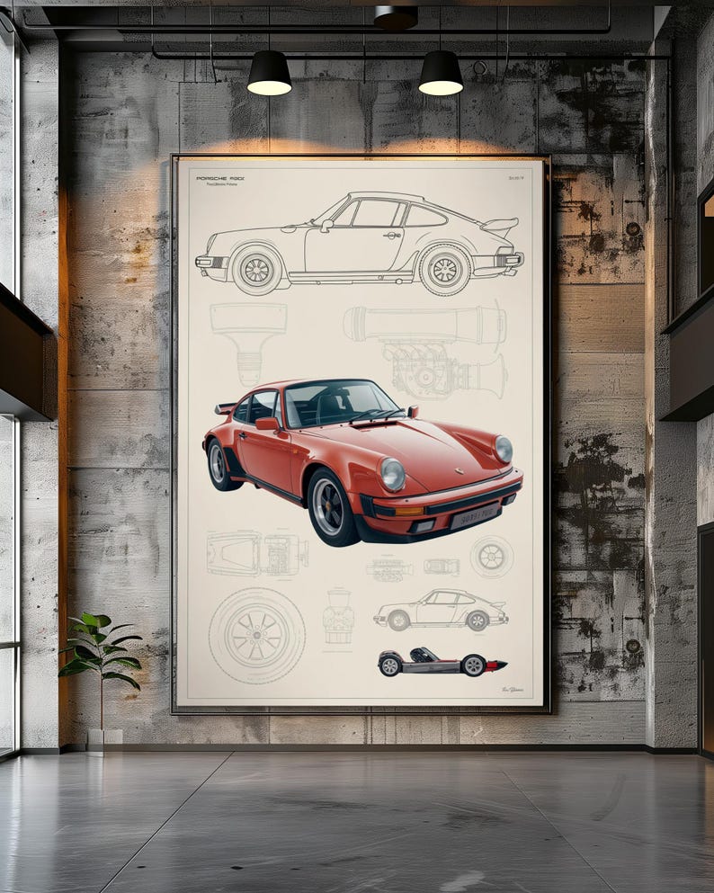 May include: A large rectangular wall art print featuring a technical blueprint of a Porsche 930. The design includes a detailed red car illustration, line drawings of the vehicle profile, engine components, and wheels on a light cream background.