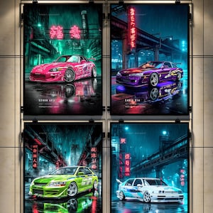 May include: Four rectangular wall posters featuring automotive illustrations in a neon-lit urban setting. The prints display a pink Honda S2000 AP1, a purple Nissan 240SX S14, a lime green Mitsubishi Lancer Evo VII, and a white Volkswagen Jetta A3.