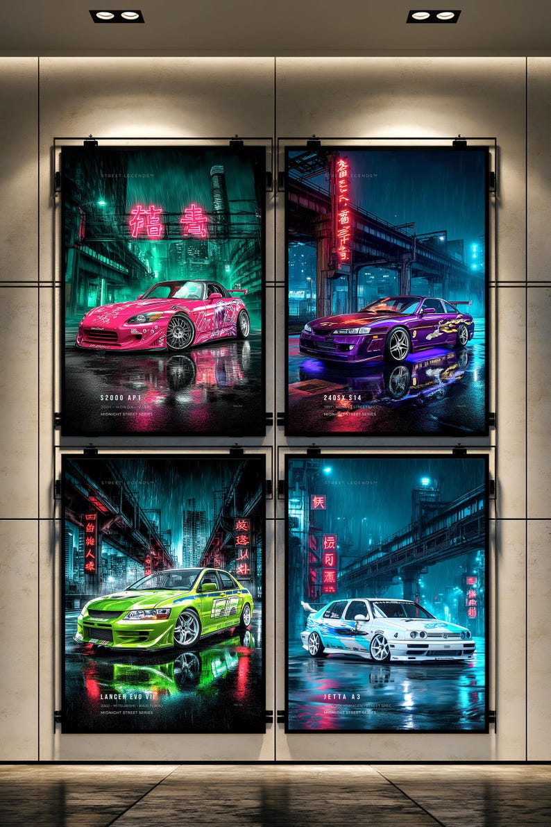 May include: Four rectangular wall posters featuring automotive illustrations in a neon-lit urban setting. The prints display a pink Honda S2000 AP1, a purple Nissan 240SX S14, a lime green Mitsubishi Lancer Evo VII, and a white Volkswagen Jetta A3.