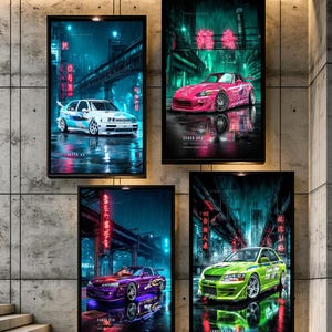 May include: Four rectangular wall art prints featuring stylized street racing cars in a rainy, neon-lit urban environment. The prints display a white Jetta A3, a pink S2000 AP1, a purple 240SX S14, and a lime green Lancer EVO VII with Japanese text.