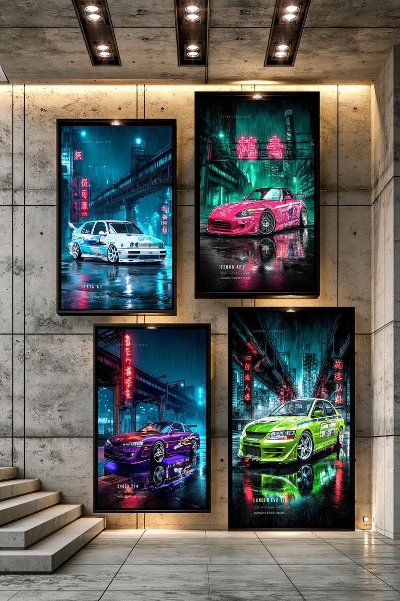 May include: Four rectangular wall art prints featuring stylized street racing cars in a rainy, neon-lit urban environment. The prints display a white Jetta A3, a pink S2000 AP1, a purple 240SX S14, and a lime green Lancer EVO VII with Japanese text.