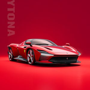 May include: A red Ferrari Daytona SP3 sports car on a solid red background. The poster features the text DAYTONA, APEX ICONS FERRARI ICONS 2020s, and FERRARI DAYTONA SP3 2022 6.5L V12 829 HP. The car has a low profile, black grille, and five-spoke wheels.