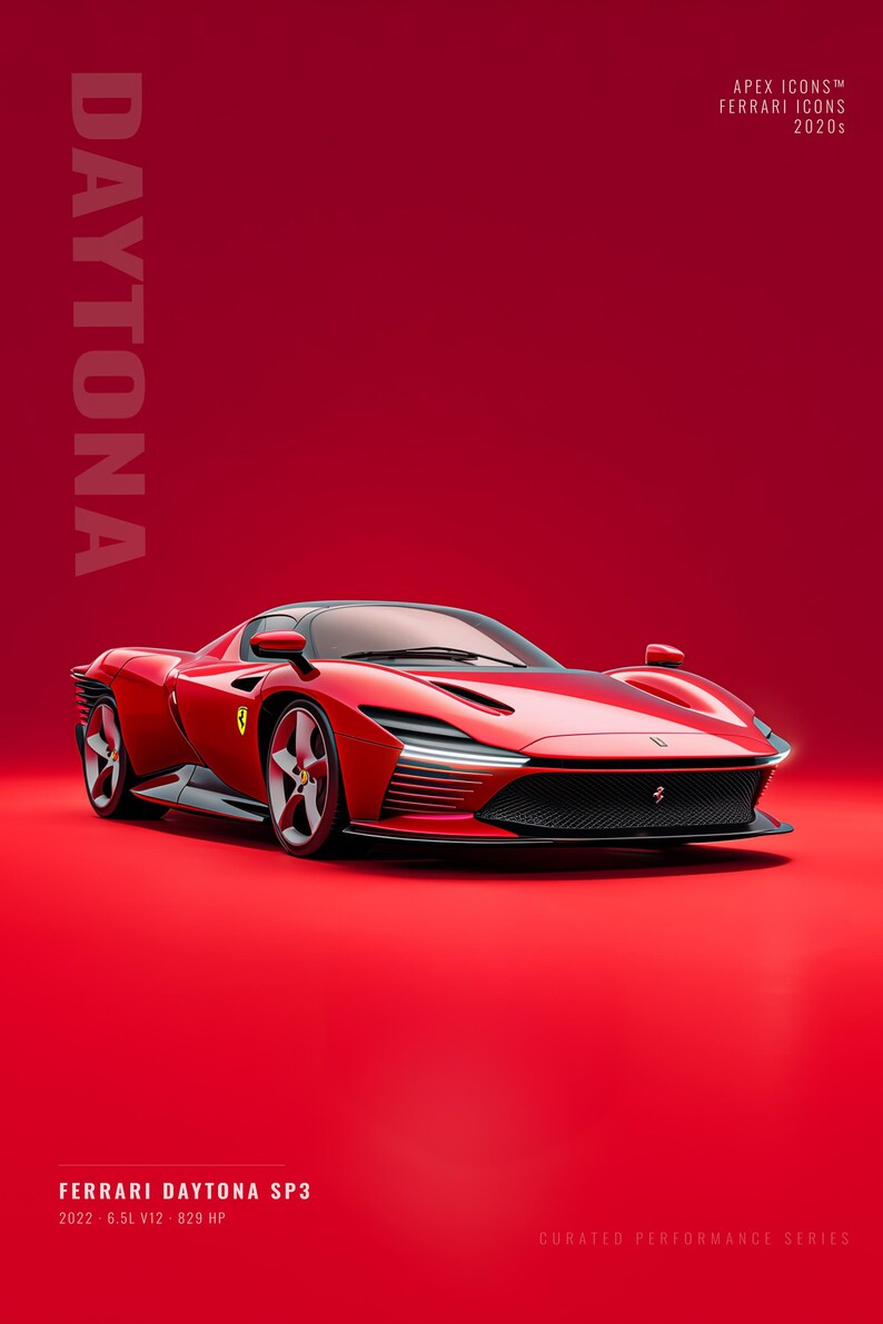 May include: A red Ferrari Daytona SP3 sports car on a solid red background. The poster features the text DAYTONA, APEX ICONS FERRARI ICONS 2020s, and FERRARI DAYTONA SP3 2022 6.5L V12 829 HP. The car has a low profile, black grille, and five-spoke wheels.