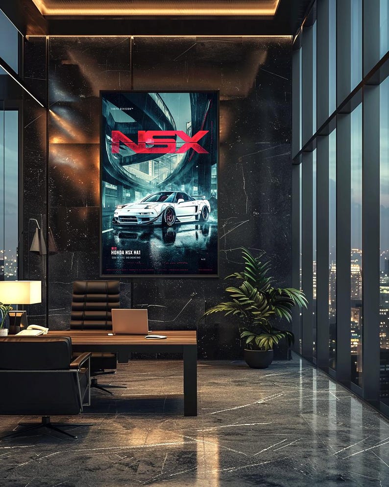 May include: A rectangular wall poster featuring a white Honda NSX NA1 sports car parked on a wet city street at night. The bold red text NSX is displayed prominently at the top, with the text HONDA NSX NA1 printed in white at the bottom.