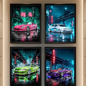 May include: A set of four framed wall art prints featuring sports cars in a rainy city at night. The prints depict a pink S2000 AP1, a white Jetta A3, a lime green Lancer Evo VII, and a purple 240SX S14, all illuminated by neon signs.