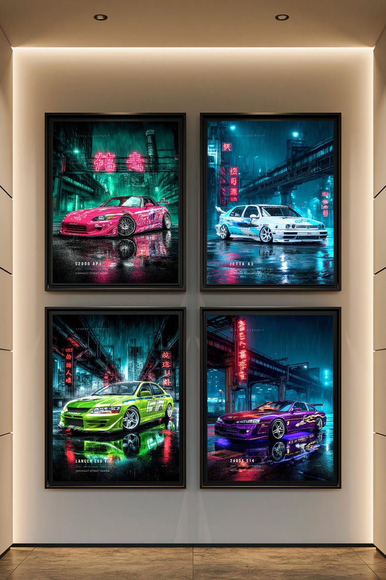 May include: A set of four framed wall art prints featuring sports cars in a rainy city at night. The prints depict a pink S2000 AP1, a white Jetta A3, a lime green Lancer Evo VII, and a purple 240SX S14, all illuminated by neon signs.