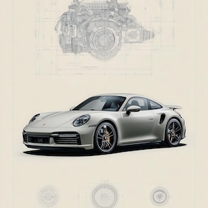 Puede incluir: Una impresi&oacute;n de ilustraci&oacute;n t&eacute;cnica que muestra un coche deportivo 911 Turbo S gris claro, un plano detallado del motor y tres diagramas circulares de componentes. El texto incluye ENGINEERING ICONS, 911 TURBO S, TWIN-TURBO ICON, 3.7L FLAT-SIX, 650 PS, AWD.