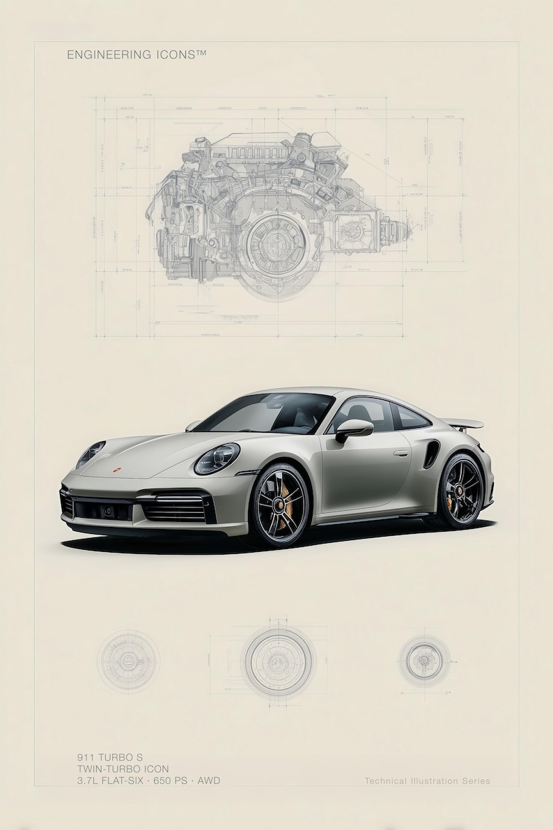 Puede incluir: Una impresi&oacute;n de ilustraci&oacute;n t&eacute;cnica que muestra un coche deportivo 911 Turbo S gris claro, un plano detallado del motor y tres diagramas circulares de componentes. El texto incluye ENGINEERING ICONS, 911 TURBO S, TWIN-TURBO ICON, 3.7L FLAT-SIX, 650 PS, AWD.