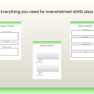 Op de afbeelding: Een digitale planner met de tekst "Everything you need for overwhelmed ADHD days". De planner bevat secties voor wekelijks overzicht, reset checklist en een drained/geholpen sectie. De pagina's hebben een witte achtergrond met groene accenten.