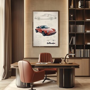 May include: A framed wall art print featuring a technical blueprint of a red Porsche 911 sports car. The artwork displays a detailed side profile line drawing, a realistic red car illustration, and smaller mechanical component diagrams on a white background.