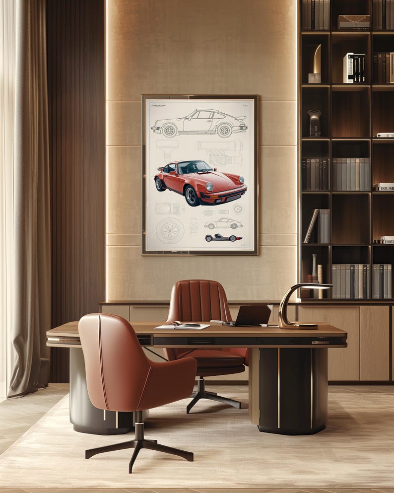 May include: A framed wall art print featuring a technical blueprint of a red Porsche 911 sports car. The artwork displays a detailed side profile line drawing, a realistic red car illustration, and smaller mechanical component diagrams on a white background.