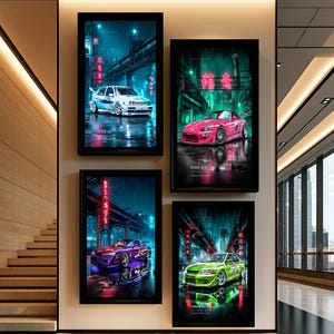 May include: Four rectangular wall art prints in black frames featuring neon-lit city street scenes with sports cars. The prints display a white Jetta, a pink S2000, a purple Silvia, and a green Lancer Evo VII, all set against dark, rainy urban backgrounds.
