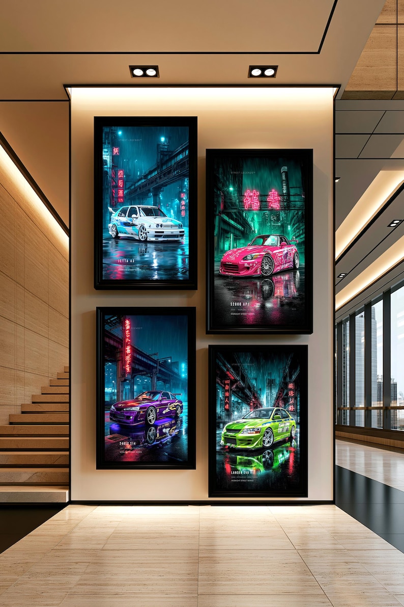 May include: Four rectangular wall art prints in black frames featuring neon-lit city street scenes with sports cars. The prints display a white Jetta, a pink S2000, a purple Silvia, and a green Lancer Evo VII, all set against dark, rainy urban backgrounds.