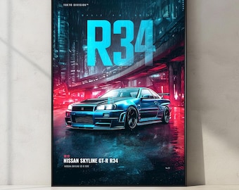 May include: A framed vertical poster featuring a blue Nissan Skyline GT-R R34 parked on a wet city street at night. The artwork displays the text R34 in large cyan letters, Tokyo Division, and Nissan Skyline GT-R R34 in white and red text.