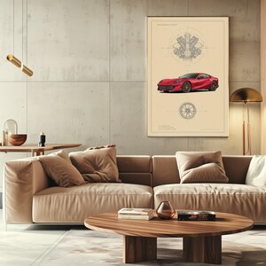 Puede incluir: Una l&aacute;mina de arte mural rectangular que muestra un coche deportivo rojo centrado entre un diagrama t&eacute;cnico de motor en la parte superior y una ilustraci&oacute;n de una rueda en la parte inferior, sobre un fondo beige claro con l&iacute;neas y texto negros.