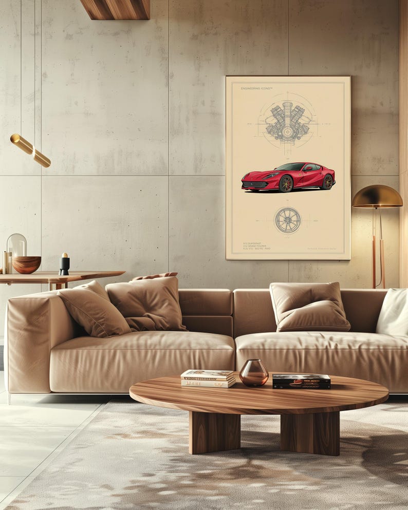 Puede incluir: Una l&aacute;mina de arte mural rectangular que muestra un coche deportivo rojo centrado entre un diagrama t&eacute;cnico de motor en la parte superior y una ilustraci&oacute;n de una rueda en la parte inferior, sobre un fondo beige claro con l&iacute;neas y texto negros.