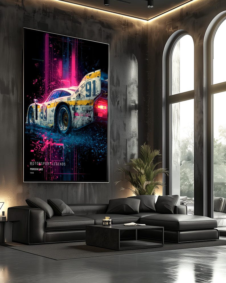May include: A large vertical wall art print featuring a racing car with the number 91 on its side. The car is depicted in a stylized manner with vibrant pink and blue neon light effects against a dark background. Text reads MOTORSPORT LEGENDS PORSCHE 962.