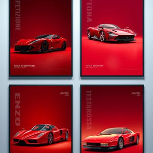 May include: A set of four rectangular posters featuring red Ferrari sports cars on a red background. The posters are labeled Competizione, Daytona, Enzo, and Testarossa, with technical text detailing the specific Ferrari model and performance specs.