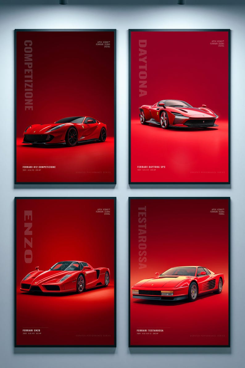 May include: A set of four rectangular posters featuring red Ferrari sports cars on a red background. The posters are labeled Competizione, Daytona, Enzo, and Testarossa, with technical text detailing the specific Ferrari model and performance specs.