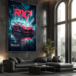 May include: A vertical wall poster featuring a red Mazda RX-7 FD3S sports car parked in a dark, neon-lit urban alleyway. The text RX7 appears in large red letters at the top, with MAZDA RX-7 FD3S and TOKYO DIVISION printed at the bottom.