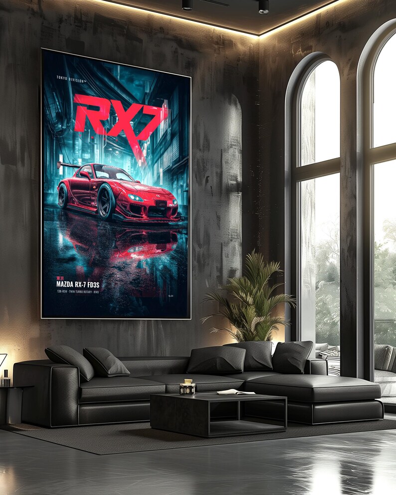 May include: A vertical wall poster featuring a red Mazda RX-7 FD3S sports car parked in a dark, neon-lit urban alleyway. The text RX7 appears in large red letters at the top, with MAZDA RX-7 FD3S and TOKYO DIVISION printed at the bottom.