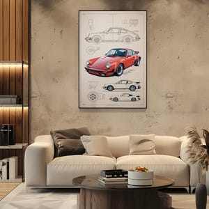 Puede incluir: Una l&aacute;mina enmarcada que presenta una ilustraci&oacute;n central de un coche deportivo rojo rodeada de dibujos lineales m&aacute;s peque&ntilde;os en blanco y negro del mismo veh&iacute;culo desde varios &aacute;ngulos, incluyendo perfiles laterales y diagramas t&eacute;cnicos.