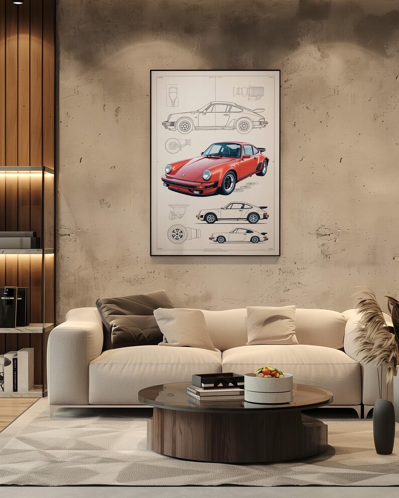 Puede incluir: Una l&aacute;mina enmarcada que presenta una ilustraci&oacute;n central de un coche deportivo rojo rodeada de dibujos lineales m&aacute;s peque&ntilde;os en blanco y negro del mismo veh&iacute;culo desde varios &aacute;ngulos, incluyendo perfiles laterales y diagramas t&eacute;cnicos.