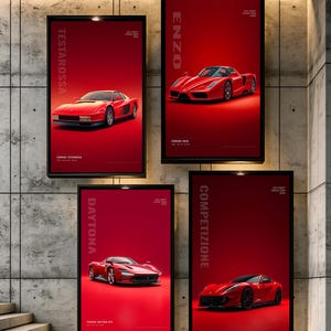 May include: Four rectangular wall posters featuring red Ferrari sports cars on solid red backgrounds. The posters are labeled Testarossa, Enzo, Daytona, and Competizione, with text detailing the specific Ferrari model and series information.