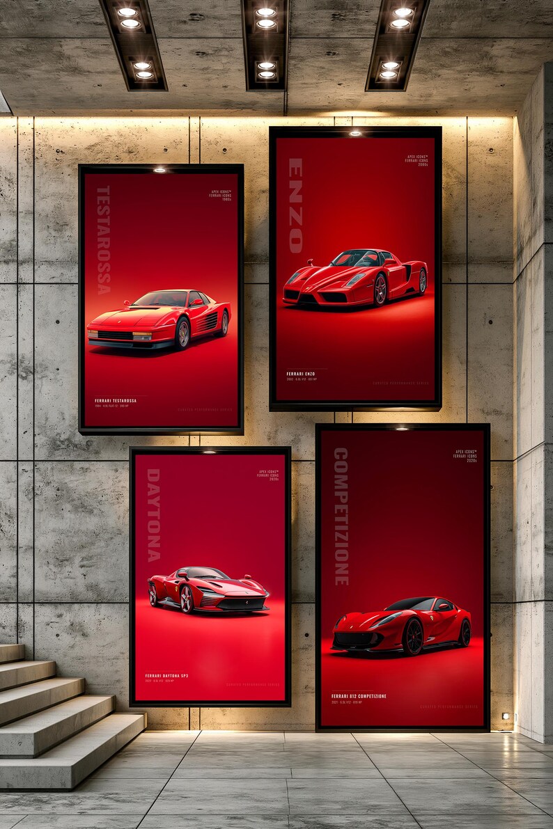 May include: Four rectangular wall posters featuring red Ferrari sports cars on solid red backgrounds. The posters are labeled Testarossa, Enzo, Daytona, and Competizione, with text detailing the specific Ferrari model and series information.