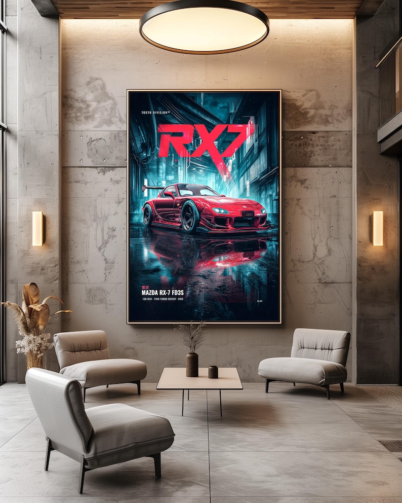 May include: A vertical wall art print featuring a red Mazda RX-7 FD3S sports car parked on a wet street at night. The image displays the text RX7 in large red letters, with Tokyo Division and Mazda RX-7 FD3S printed in white text below the car.