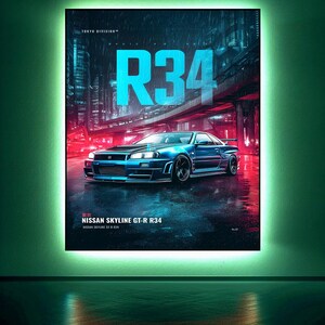 Op de afbeelding: Een rechthoekige muurposter met een blauwe Nissan Skyline GT-R R34 geparkeerd op een natte stadsstraat in de nacht. De tekst R34 staat in grote cyaan letters boven de auto, met daaronder Tokyo Division en Nissan Skyline GT-R R34 tekst.