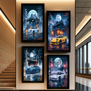 May include: Four rectangular framed wall art prints featuring automotive illustrations. Each print displays a sports car under a full moon with text: Last Fuel, After Hours, Night Wash, and Last Crossing. The frames are black and mounted on a wall.