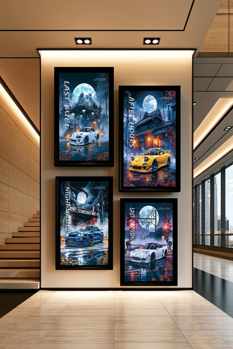May include: Four rectangular framed wall art prints featuring automotive illustrations. Each print displays a sports car under a full moon with text: Last Fuel, After Hours, Night Wash, and Last Crossing. The frames are black and mounted on a wall.