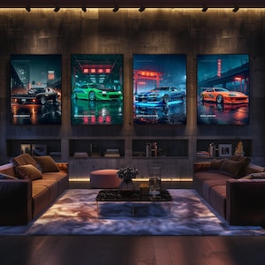 May include: Four rectangular wall art prints featuring stylized sports cars in vibrant colors, displayed in a row on a dark concrete wall above a living room area with two brown sofas, a central coffee table, and a patterned area rug.