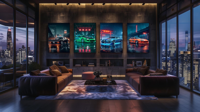 May include: Four rectangular wall art prints featuring stylized sports cars in vibrant colors, displayed in a row on a dark concrete wall above a living room area with two brown sofas, a central coffee table, and a patterned area rug.