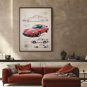 Puede incluir: Una l&aacute;mina de arte mural enmarcada que presenta una ilustraci&oacute;n central de un coche deportivo rojo rodeada de dibujos t&eacute;cnicos de l&iacute;neas del mismo veh&iacute;culo en perfiles laterales y superiores, sobre un fondo crema claro con contornos negros.